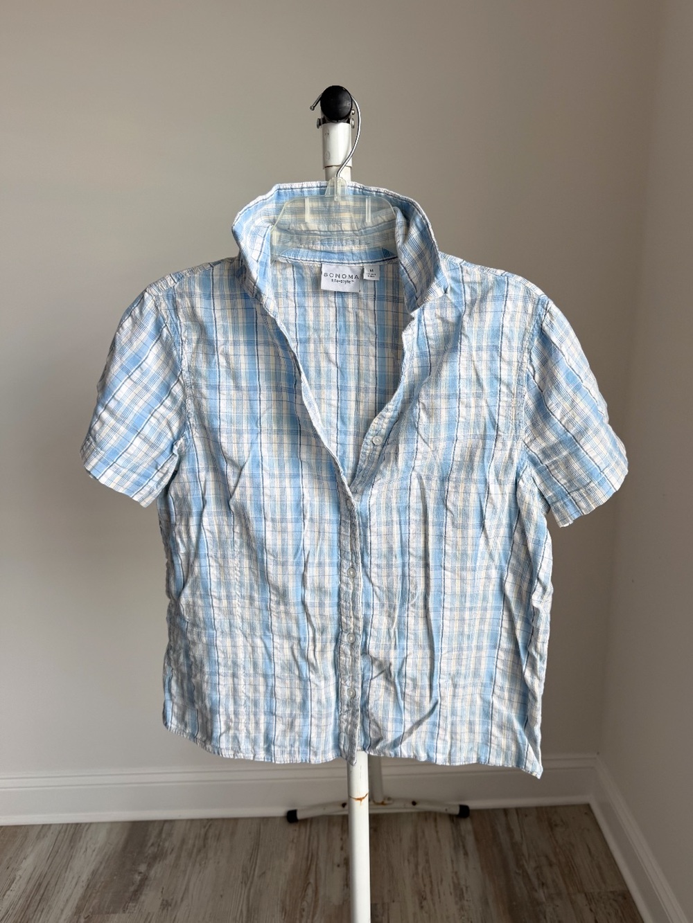 Sonoma Light Blue Plaid Short-Sleeve Button-Down Shirt